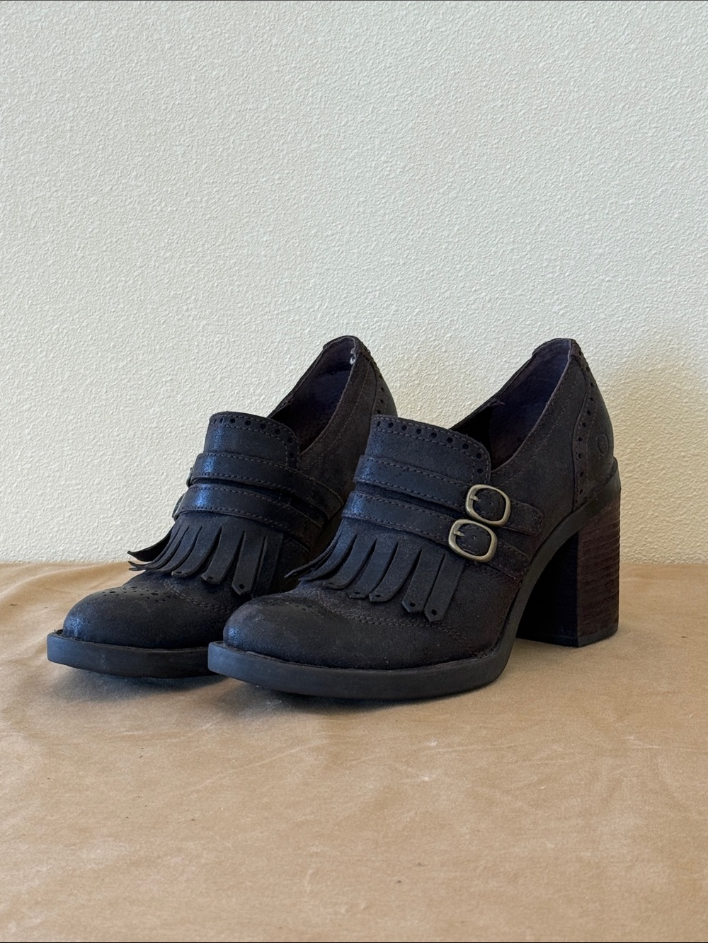 Born Black Suede Fringe Block Heel Loafers